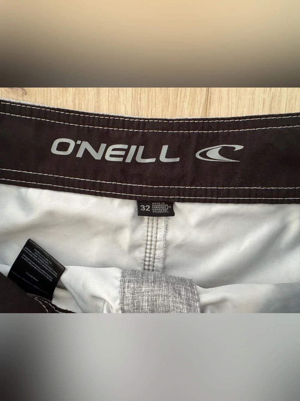 Mens O’Neill gray blue stripe board shorts surf swim trunks size 32 unlined